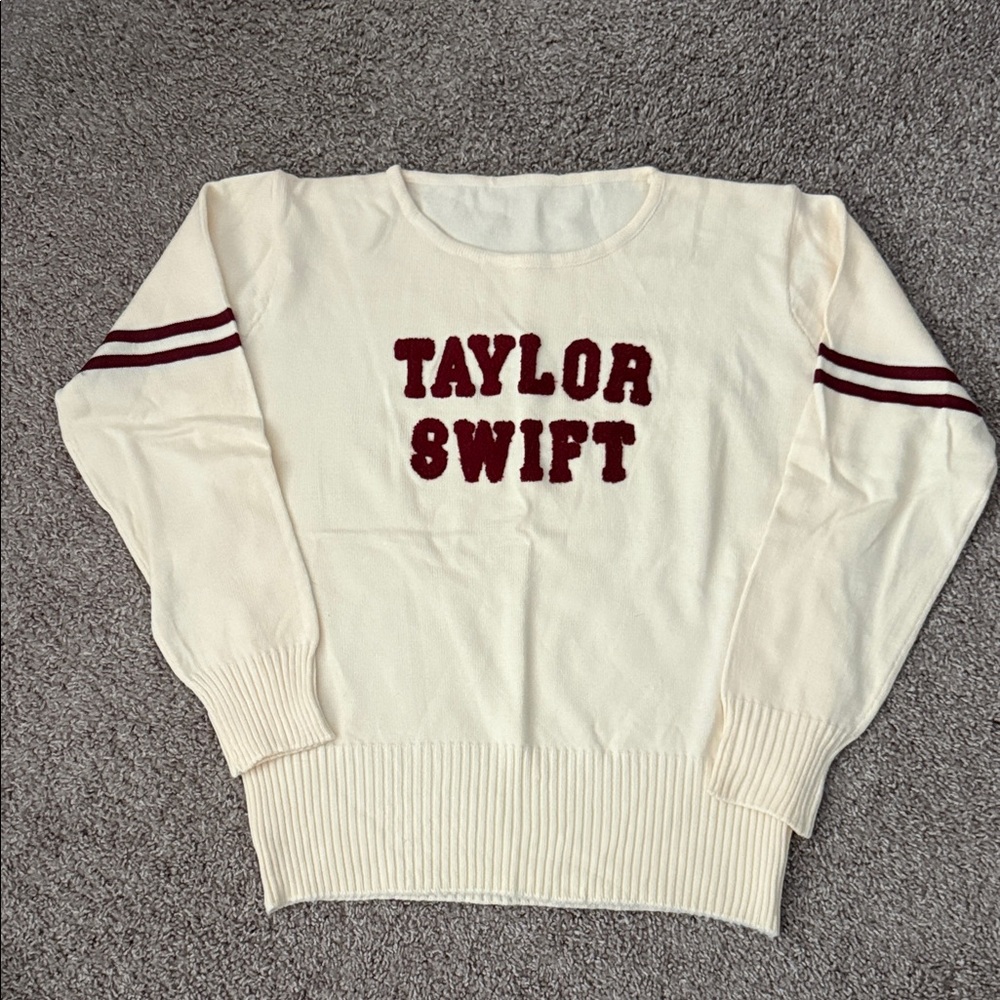 Taylor Swift Cream Sweater with Burgundy Stripes